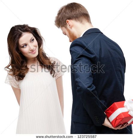 Man hides the present behind the back from his pretty girlfriend, isolated on white Pretty Girlfriend, Body Poses, The Present, Full Body, Royalty Free Stock Photos, Stock Images, Stock Photos, Illustrations, High Quality