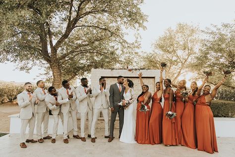 Rust Orange Bridal Party, Burnt Orange And Sage Green Wedding Theme, Light Terracotta Wedding, Fall Wedding Party Colors, Terracotta Wedding Party, Brown Wedding Themes, Burnt Orange Wedding Theme, 2026 Wedding, Light Terracotta