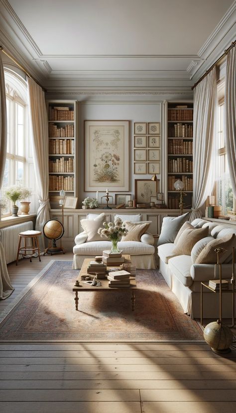 Living Room Academia Aesthetic, Academia Style Living Room, Intellectual Living Room, Light Academia Aesthetic Interior Design, Wall Art Behind Accent Chairs, Light Victorian Living Room, Light Academia Aesthetic Interior, Light Academia Apartment Aesthetic, Light Academia Aesthetic House