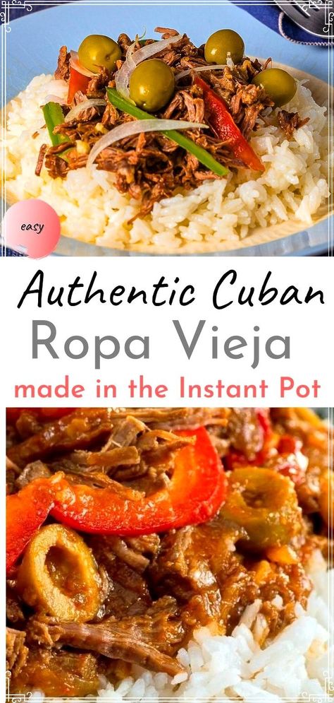 Looking for slow cooker recipes for summer? Try my quick and easy Instant Pot Version of an authentic Cuban recipe for Ropa Vieja with tender beef braised in a rich tomato base with onions, peppers, olives, raisins and capers. Tastes best served with plantains and rice. Dairy-free, low carb & Gluten-free Cuban Ropa Vieja, Hispanic Recipes, Instant Food, Cuban Dishes, Beef Meals, Cuban Cuisine, Cuban Food, Food Matters, Slow Cook