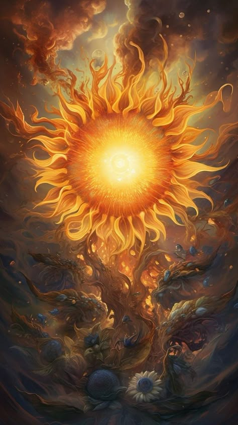 Sun In Galaxy, Sun Fantasy Art, Sun God Aesthetic, Sunflowers Aesthetic, The Sun Tarot, Hinduism Art, Tarot Cards Art, Sun Art, Cool Wallpapers Art