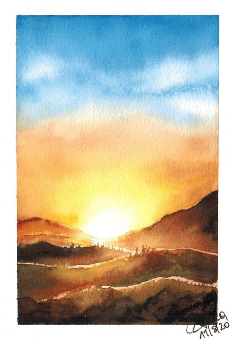 Sunrise Watercolour Painting, Watercolor Art Sunrise, Sunrise Watercolor Painting Easy, Sunlight Watercolor, Watercolour Sunrise, Sunrise Watercolor Painting, Paintings With Meaning, Watercolour Sunset, Paint Sunset