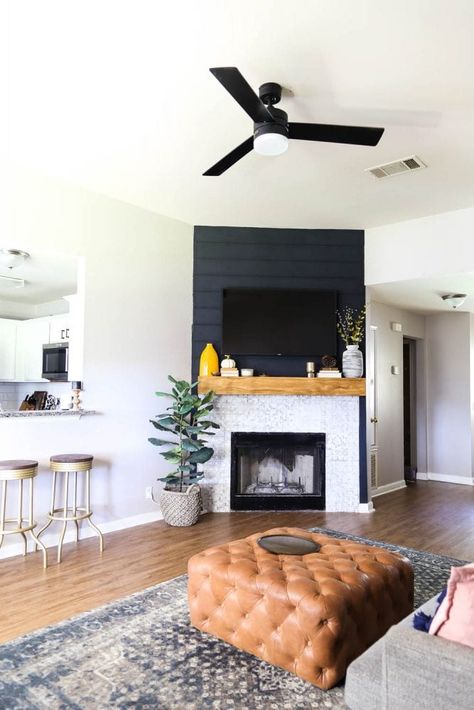 12 Gorgeous DIY Shiplap Fireplace Ideas – Love & Renovations Corner Fireplace Shiplap, Corner Shiplap Fireplace, Shiplap Behind Tv, Corner Wall Fireplace, Shiplap Fireplace Wall, Shiplap Fireplace Ideas, Diy Shiplap Fireplace, Modern Farmhouse Fireplace, Tv Corner