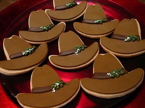 Cowboy Hats and Mistletoe    Cinnamon Toffee Spice Fondant Sugar Cookies Cowboy Hat Cookies, Fondant Sugar Cookies, Cowboy Hat Cake, Western Cookies, Man In The Yellow Hat, Western Birthday Cakes, Cowboy Birthday Cakes, Chili Cookoff, Horse Cookies