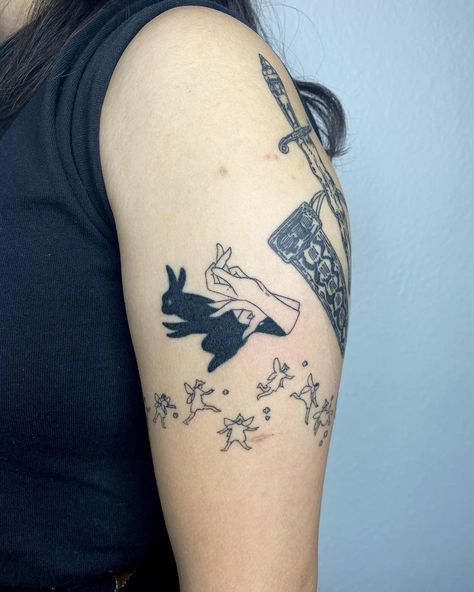 Aesthetic Tattoo Ideas, Shadow Tattoo, 20 Aesthetic, Party Tattoos, Bunny Tattoos, Red Ink Tattoos, Aesthetic Tattoo, Shadow Puppets, Time Tattoos