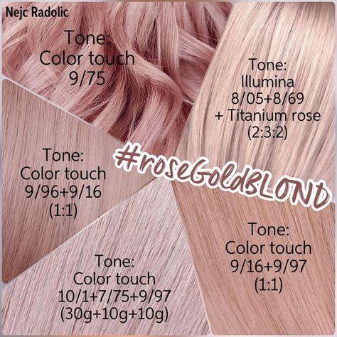 Rose Gold Wella Formula Colour, Peach Hair Color Formula, Rose Gold Blonde Hair Highlights, Rose Blonde Hair, Rose Gold Hair Blonde, Blond Rose, Rose Gold Blonde, Peach Hair Colors, Wella Hair Color