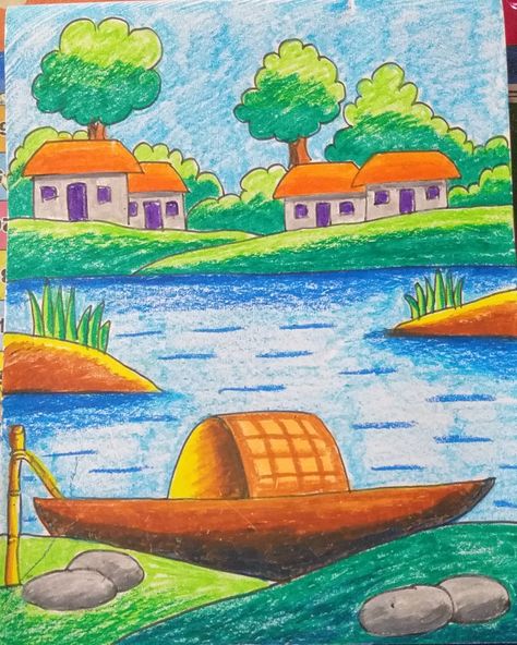 Land Scape Drawing Easy, Scenary Paintings For Kids, Landscape Drawings Easy For Kids, Crayon Shading, Boat Scenery, Easy Nature Drawings, Landscape Drawing Easy, Scenery Drawing For Kids, Easy Scenery