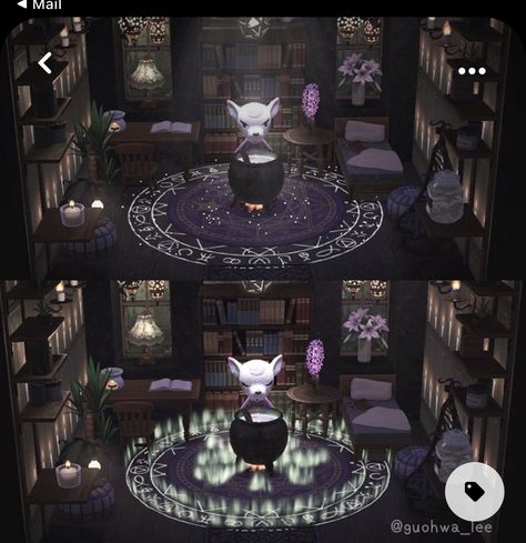 Acnh Halloween Interior, Witch House Animal Crossing, Acnh Witchy Room, Acnh Witchy House, Acnh Witch Room, Acnh Witch House, Animal Crossing Horror Design, Animal Crossing Witch Design, Witchy Acnh Island