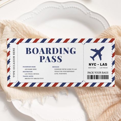 Surprise Boarding Pass Plane Gift Ticket Template. Fake Plane Ticket, Airplane Ticket, Ticket Printable, Cruise Tickets, Grad Trip, Surprise Vacation, Plane Gifts, Boarding Pass Template, Airline Ticket