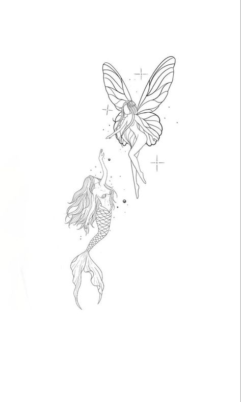 Simple Line Mermaid Tattoo, Pisces Fairy Tattoo, Fantasy Fine Line Tattoo, Mermaid And Fairy Tattoo, Fairy And Mermaid Tattoo, Faerie Tattoo, Tattoo Men Ideas, Simple Unique Tattoos, Brown Tattoo Ink