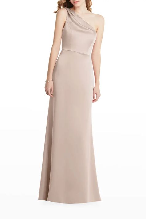 T2G46 Lovely Maddie Shirred One-Shoulder Satin Gown Dessy Collection, Evening Dress Collection, One Shoulder Cocktail Dress, Trumpet Dress, One Shoulder Gown, Satin Gown, Maxi Dress Evening, Review Dresses, Desert Rose