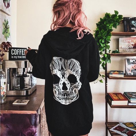 The Classic Sugar Skull Rocks On. Soft Midweight Cotton/Poly Zipper Hoodie Is Good For Layering. Embroidered Skull Appliqu On Back. Back By Popular Demand. Note Model Is 5’4” And Wearing Xl For Length. Y2k Halloween, Champion Cropped Hoodie, Tan Hoodie, Embroidered Skull, Skull Top, Black Zip Hoodie, Halloween Everyday, Cowl Neck Hoodie, Half Zip Hoodie