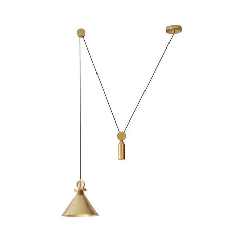 This modernist metal pendant light comes in brass and has a conic shape. It hangs from the ceiling with a pulley system and is perfect for a kitchen. The light requires an E26/E27 bulb (not included) and is available in 10 to 14 inch sizes. Size: 10 to 14 Inch Fixture Width: 12" Fixture Height: 12" Bulb Included: No Number of Lights: 1 Color: Brass Style: Modern Material: Metal Fixture Type: With Shade Feature: Hanging Voltage: 220V-240V 110V-120V Bulb Base: E26/E27 Light Type: LED/Incandescent/ Pulley Light Fixture, Pulley Pendant Light, Nightstand Lighting, Ceiling Lamp Dining Room, Pulley Light, Pendant Lamps Kitchen, Cluster Pendant Lighting, Pulley System, Brass Pendant Light