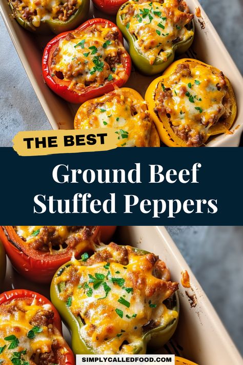 Discover a quick and healthy dinner with our Ground Beef Stuffed Peppers recipe, a simple yet delicious meal. Perfect for keto enthusiasts and anyone looking for a fast, homemade option, these peppers can be effortlessly prepared in an air fryer or as a casserole. Utilizing everyday pantry items, this recipe transforms into a satisfying dish. For more easy and delightful dishes with ground beef, including the full Ground Beef Stuffed Peppers recipe, visit simplycalledfood.com. Ground Beef Stuffed Peppers, Stuffed Peppers Ground Beef, Beef Stuffed Peppers, Stuffed Bell Peppers Ground Beef, Homemade Ground Beef, Stuffed Peppers Beef, Stuffed Peppers With Rice, Easy Stuffed Peppers, Ground Beef Rice