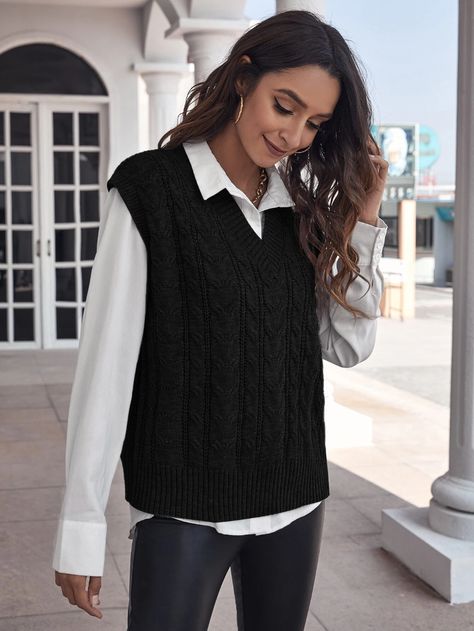 Cable Knit Sweater Vest Without Blouse | SHEIN USA Shein Wishlist, Sweater Vest Black, Black Sweater Vest, Cable Knit Sweater Vest, Sweater Vest Outfit, Work Fits, Vest Outfit, Knit Sweater Vest, Vest Outfits