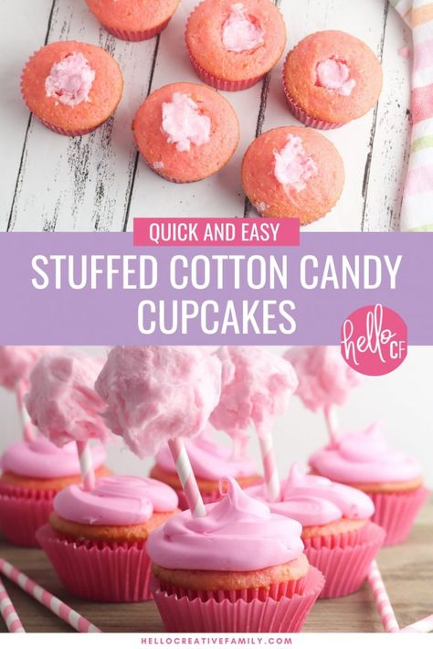 Capture those summertime dessert feelings all year long with this delicious, stuffed cotton candy cupcakes recipe! This yummy dessert is quick and easy to make using a boxed cake mix, but the decorations take it over the top giving it a super fun carnival twist! A fun dessert idea for birthday parties and baby showers! Cotton Candy Cupcakes, Candy Cupcakes, Fun Dessert, Cotton Candy Flavoring, Candy Cupcake, Strawberry Cake Mix, Boxed Cake, Filled Cupcakes, Birthday Desserts