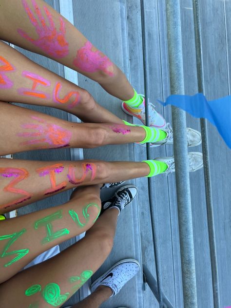 Leg Paint Ideas, Neon Out Football Game, Neon Football Game, Neon Football, Arm Painting, Leg Painting, Neon Painting, Hand Prints, School Football