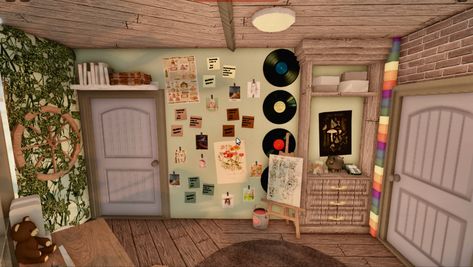 Bloxburg Indie House, Indie Room Bloxburg, Bloxburg Retro Bedroom, Bloxburg Wall Decoration, Bloxburg Small Shop Ideas, Bloxburg Cottage Bedroom, Bloxburg College Dorm, Hippie Bloxburg House, Bloxburg Tiny Home Layout