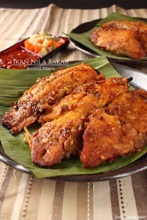 Ikan bakar (grilled fish) is one of my favorite food. In Indonesia, there are many restaurants specializing in seafood dishes, and the first thing I will order… Nila Bakar, Broiled Tilapia, Caramelized Bacon, Indonesian Recipes, My Favorite Food, Indonesian Cuisine, Lemon Sauce, Grilled Fish, Cuisine Recipes