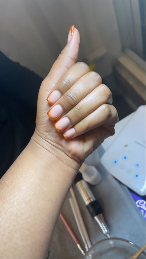 Orange Chrome Tips, Orange French Chrome Nails, Orange Chrome French Tip Nails, Black And Orange French Tip Nails, Burnt Orange French Tip Nails, Orange Chrome Nails, Orange French Tip, Sweet 16 Nails, Orange Chrome