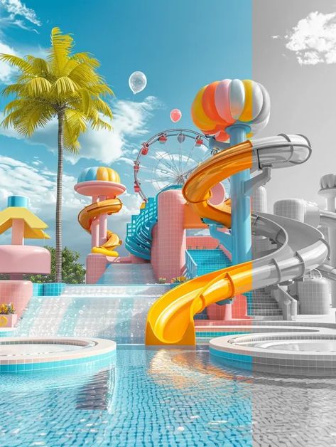 Full Color Image in ai-img-gen.com 🔸 clay materials, Outdoors,Minimalist,2.3d rendering of summer background with water slide and swimmin... 🔸 From Midjourney AI Image Pool Water Slides, Water Theme Park, Colored Water, Swimming Pool Water, Magical Home, 3d Concept, Color Image, Summer Backgrounds, Water Slide