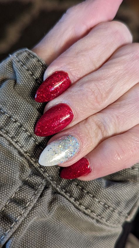 Holiday Christmas red and white sparkly acrylic ombre glitter classy almond nails Red Glitter Nails Almond, Sparkly Red Nails Almond, Red Green Glitter Nails, Red And Green Sparkle Nails, White Nails With Red And Green Glitter, Acrylic Almond Nails, Acrylic Ombre, Christmas Red And White, Classy Almond Nails