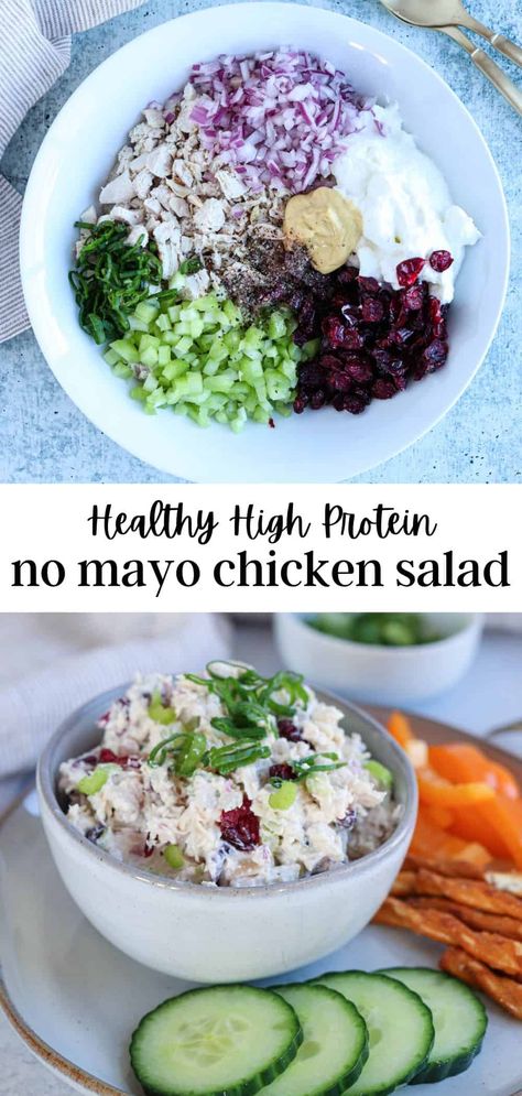 This Chicken Salad Without Mayo is creamy, crunchy and delicious. Made with celery, cranberries and Greek yogurt, it is absolutely packed with protein and great flavors. Thanks to a combo of Dijon mustard, lemon juice and vinegar, it is not bland, despite the lack of mayonnaise! Chicken Salad Without Mayo, Yogurt Chicken Salad, Chicken Salad Recipe Easy, Healthy Chicken Salad, Easy Salad Recipes, Chicken Salad Recipes, High Protein Recipes, Healthy Nutrition, Healthy Meal Prep