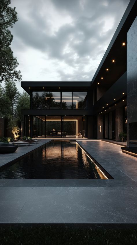 Modern black mansion with pool Black Pool Deck, Dark Pool Aesthetic, Pool Area Design, Modern House Pool, Black Swimming Pool, Black Luxury House, Dark House Aesthetic, Mafia House Aesthetic, Dark Bedroom Aesthetic