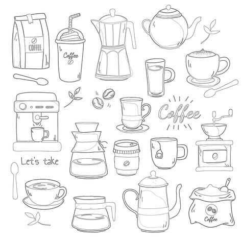 Do you love coffee? If so, then we have something special for you - the coffee set coloring page by Mimi Panda. Imagine the joy and relaxation of sipping a delicious cup of drink while coloring in intricate sketches of coffee machines, manual coffee grinders, cups of latte, takeaway drink, coffee pots, instant packages, and cappuccinos. This colouring page is every coffee lover's dream come true. In a world where stress and busyness seem to be the norm, taking time out for yourself and ... Coffee Grinder Tattoo, Coffee Outline Drawing, Coffee Colouring Pages, Cappuccino Tattoo, Cappuccino Drawing, Coffee Pot Tattoo, Generic Tattoos, Coloring Pages Coffee, Coffee Lover Tattoo