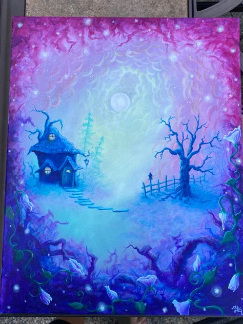 Fantasy Acrylic Painting Fantasy Painting Ideas On Canvas, Magical Acrylic Painting Ideas, Fairy Tale Painting Ideas, Fairytale Painting Easy, Fantasy Painting Easy, Magical Painting Ideas, Fairytale Painting Acrylic, Fantasy Acrylic Painting, Magical Paintings