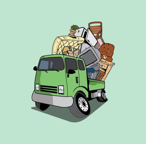 Cartoon pickup truck loaded full of hous... | Premium Vector #Freepik #vector #driving-logo #car #car-illustration #pickup Junk Removal Business, Junk Hauling, Puzzle Logo, Recycle Logo, Bird Logo Design, Family Logo, House Clearance, Moving Truck, Junk Removal