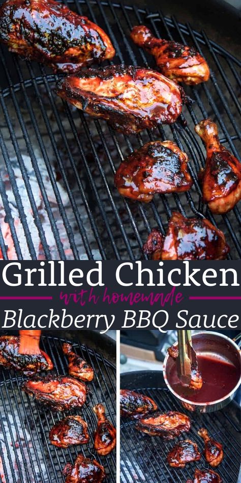 grilled chicken with blackberry bbq sauce Blackberry Bbq Sauce Recipes, Autumn Bbq, Glazed Grilled Chicken, Blackberry Bbq Sauce, Dinner Ideas On The Grill, Bbq Chicken Dinner, Bbq Dinner Ideas, Bbq Dinner Recipes, Bbq Dinner Party