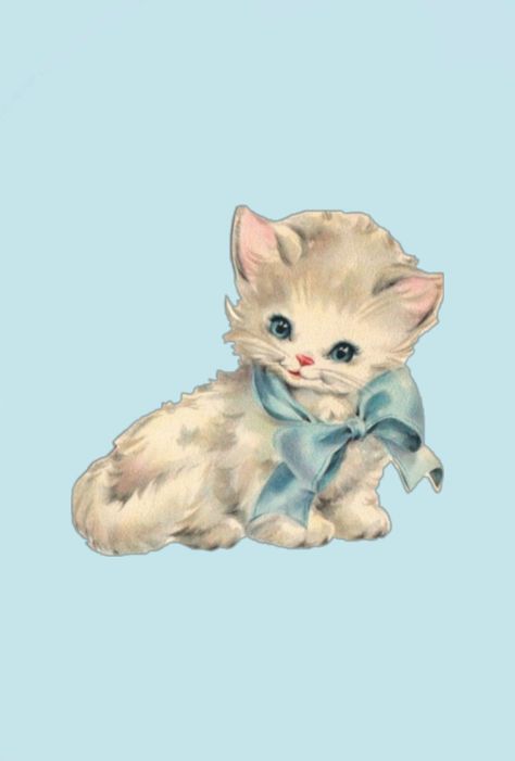 Cute Vintage Cat Illustration, Vintage Puppy Illustrations, Vintage Cat Aesthetic, Vintage Cat Cartoon, Vintage Cat Drawing, Vintage Cat Illustration, Kitsch Cat, Cat With Bow, Blue Ribbon Bow