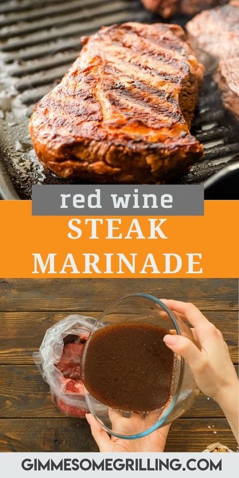 Red Wine Steak Marinade is the perfect combination of tangy, sweet and delicious. It will give your steaks a hint of red wine flavor while making them so tender and juicy. Try this easy steak marinade today! #steakmarinade #recipe via @gimmesomegrilling Steak Marinade Red Wine, Wine Steak Marinade, Red Wine Steak, Easy Steak Marinade, Wine Marinade, Wine Steak, Skirt Steak Marinade, Steak Marinade Easy, Steak Marinade Recipes