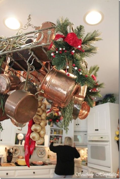 Copper Christmas, Pot Racks, Pot Rack Hanging, Christmas Pots, Kitchen Christmas, Festive Cookies, Christmas Picks, Kitchen Pot, Holiday Kitchen