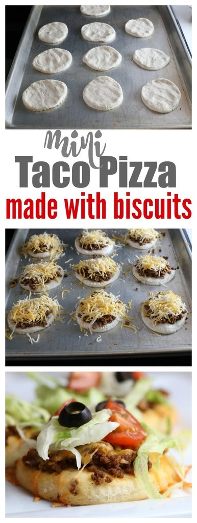 Mini Taco Pizza Recipe | The Taylor House Fingerfood Recipes, Taco Pizza Recipe, Refrigerator Biscuits, Steak Marinades, Taco Pizza Recipes, Mini Taco, Mini Tacos, Pizza Snacks, Taco Pizza