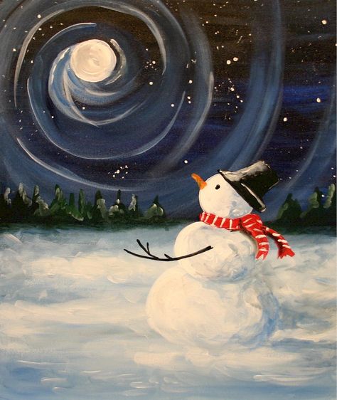 Folk Art Acrylic Paint, Folk Painting, Christmas Painting, Holiday Painting, Snowman Painting, Moon Painting, Winter Painting, Christmas Canvas, Open Studio