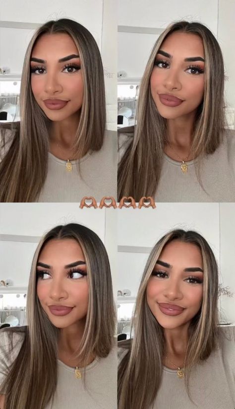 Hair Color Ideas For White Skin, Hair Colors For Hispanics, Cool Tone Money Piece On Dark Hair, Money Pieces On Dark Hair Straight, Hair Dye Ideas For Hispanics, Front Piece Dyed Hair, Dark Brown With Light Brown Money Pieces, Balayage For Green Eyes, Dark Root With Blonde Highlights