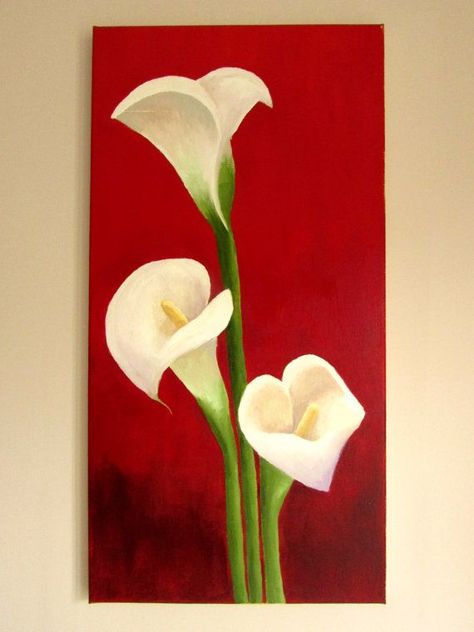 Painting On Red Background, Paintings With Red Background, Painting With Red Background, Red Background Painting, Calla Lily Painting, Painted Lily, Acrylic Painting Ideas For Beginners, Lilies White, Wall Art Flowers