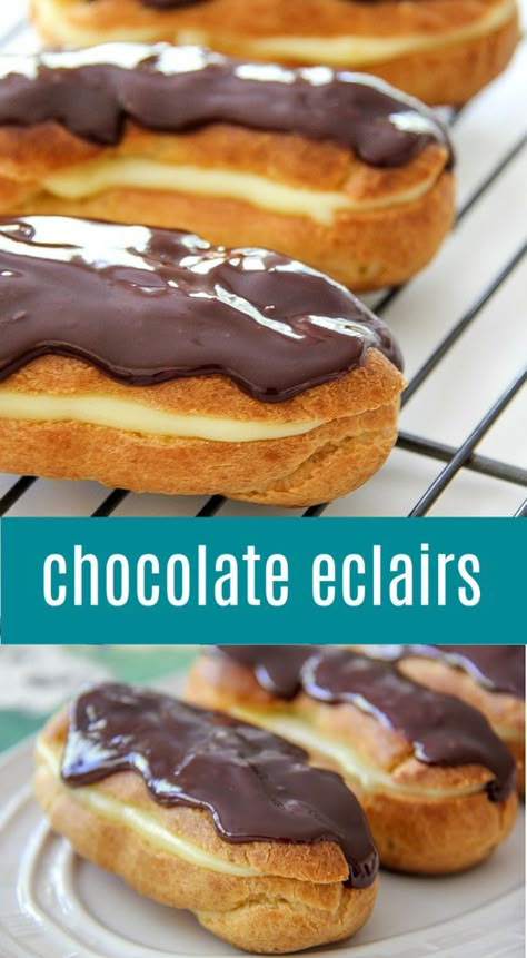 Chocolate Eclair Recipe, Eclairs Recipe, Eclairs Dessert, Chocolate Eclairs, Eclair Recipe, Custard Cream, Chocolate Eclair, British Baking, Cream Puff