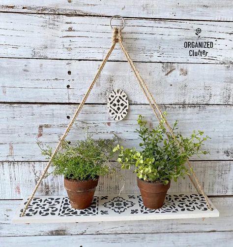 Dollar Tree Hanging Shelf, Shelf Hanger, Diy Hanging Shelves, Painted Glass Vases, Pottery Barn Inspired, Dollar Tree Finds, Hanging Vases, Diy Wall Shelves, Tile Stencil