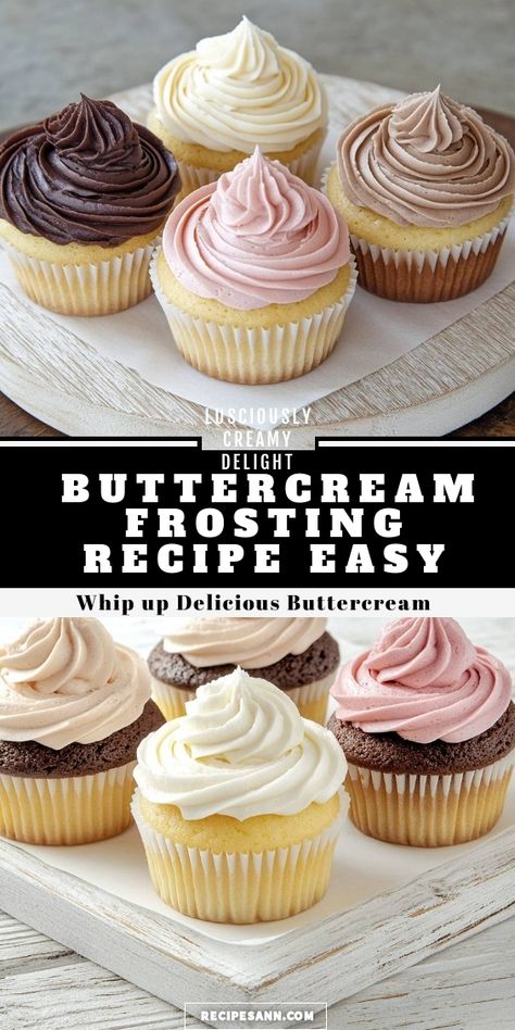 I love whipping up this luscious buttercream frosting! Perfect for any occasion, these cupcakes are topped with creamy, dreamy frostings in chocolate, vanilla, strawberry, and more. It's an easy recipe that adds a delightful touch to any dessert! Hot Fudge Buttercream Frosting, Different Types Of Icing Recipes, The Best Icing For Cupcakes, Homemade Cake Frosting Easy, Satin Whipped Frosting Recipe, Butter Cream Frosting For Cupcakes, Pipable Buttercream Frosting, Home Made Frosting Easy, Frosting Recipes Without Powdered Sugar