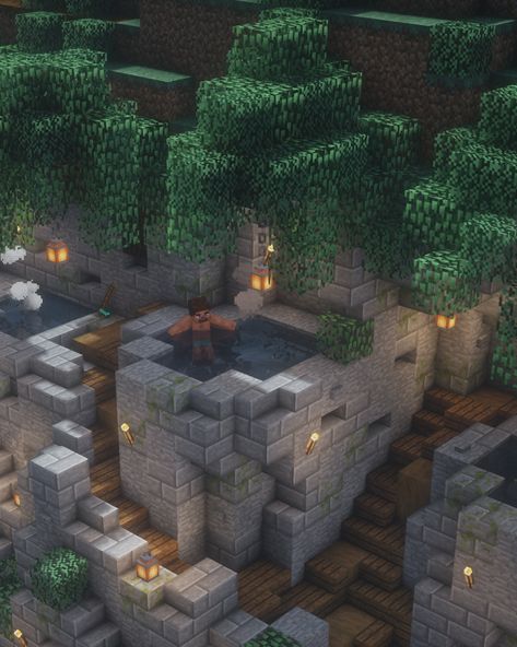 Minecraft Nook Ideas, Minecraft Hot Springs Ideas, Minecraft Oven Design, Minecraft Hanging House Ideas, Hot Spring Minecraft, Minecraft Camp Site, Minecraft Camping Ideas, Minecraft Dam Ideas, Minecraft Mountain Side Base