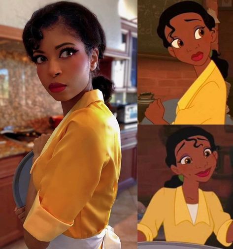 Black Woman Costumes Halloween, Princess Tiana Cosplay, Black Characters Halloween Costume Ideas, Princess Tiana Halloween Costume, Cartoon Characters Costumes Ideas, Tiana Cosplay, Black Women Cosplay, Black Cosplayers, Black Cartoon Characters