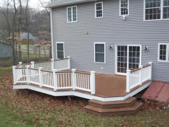 before and after pictures from Deck Specialists Inc Light Blue Houses, Landscaping Around Deck, Tub Deck, White Pergola, Vinyl Railing, Deck Makeover, Deck Pictures, Deck Colors, Building A Pergola