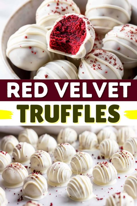 From the ultra-moist cake and cream cheese base to the white chocolate coating, these easy red velvet truffles are decadent, sweet, and beautifully bold. Red Velvet Truffles Easy, Red Velvet Cookies From Cake Mix Easy, Red Velvet Truffles Recipe, Red Velvet Cake Balls, Red Velvet Truffles, Red Velvet Cake Pops, Easy Red Velvet, Easy Christmas Candy Recipes, Easy Truffles