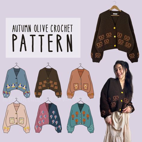 CARNIVAL CARDIGANS PATTERN ♡ by autumn olivia ward PDF DOCUMENT DOWNLOAD ONLY ♡ NOT A PHYSICAL ITEM --- ♡ colorwork graphs are designed for the included autumn olive oversized cardigan pattern ♡ includes all 10 carnival/circus mini colorwork designs with placement charts and instructions  ♡ includes colorwork tutorial video & in-depth instructions on reading the graphs  ♡ includes color coded sizing for XS-3X (fits about 2 sizes wider) ♡ includes made to measure instructions at every step ♡ incl Crochet Cardigan Pockets, Knit Look Crochet Cardigan, 70s Inspired Crochet Patterns, Autumn Olive Crochet, Colorwork Knitting Charts, Crochet Cosplay, Oversized Cardigan Pattern, Cardigan Pattern Crochet, Autumn Olive