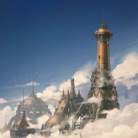 Castle Exterior, Sci Fi Tech, Building Concept, Fantasy City, Steampunk Design, Architecture Exterior, In The Clouds, 2d Art, Dieselpunk