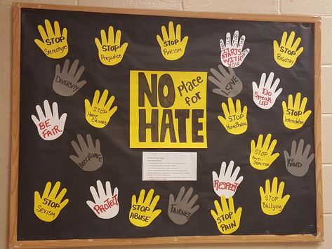 NO PLACE FOR HATE Bulling Posters Ideas, Respect Bulletin Boards, October Bulletin Boards, Growth Mindset Bulletin Board, School Nurse Office, Behavior Incentives, School Age Activities, Elementary School Counselor, Middle School Counseling