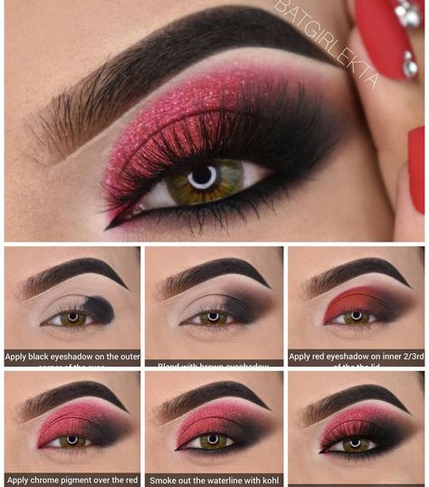 Red And Black Eye Makeup Step By Step, Red Eye Tutorial, Red Eye Makeup Step By Step, Red And Black Smokey Eye Step By Step, Red Makeup Looks Step By Step, Dark Red Eyeshadow Looks Step By Step, Easy Red Eye Makeup Looks, Black And Red Eye Makeup Halloween, Easy Red And Black Eyeshadow Looks